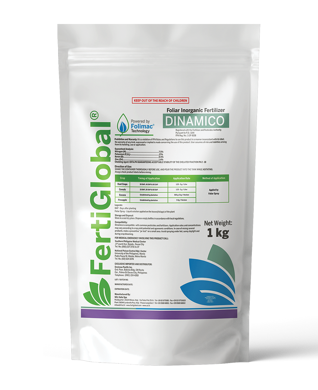 Philippine fertilizer: Folimac Dinamico: Dinamico is a completely soluble N-P-B-Zn (Nitrogen-Phosphorus-Boron-Zinc) powder fertilizer which stimulates root development and preserves crops against cold stress damages. In all crops, the high Phosphorus concentration with Boron & Zinc and low amount of Nitrogen stimulate the root development after transplanting and the root activity before flowering.