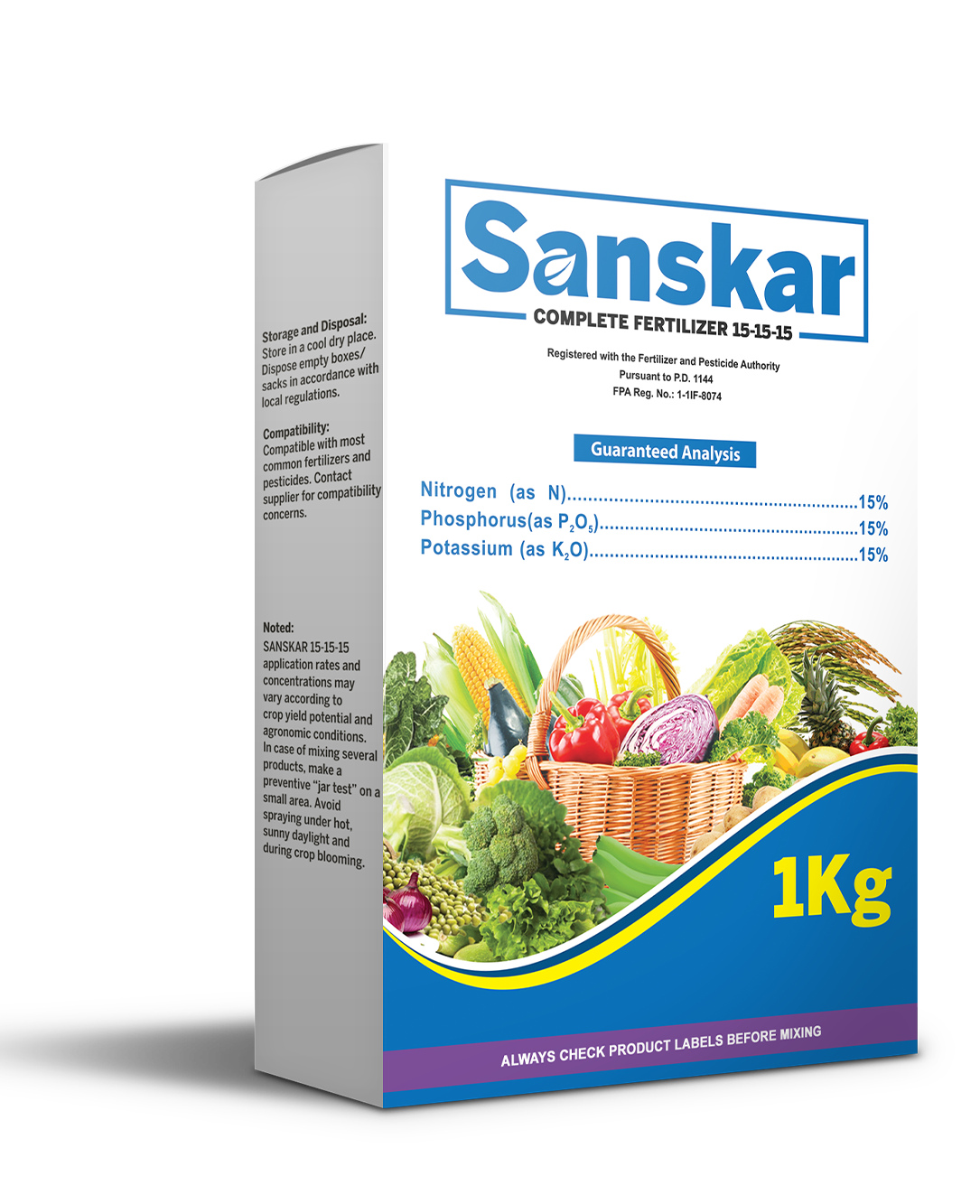 Sanskar is a water-soluble fertilizer with organic carbon which contains the highest percent of NPK (nitrogen-phosphorus-potassium) suitable for basal, foliar, and drenching. 15% Nitrogen, 15% Phosphorus (P2O5), 15% Potassium (K2O). This product is compatible with any organic and inorganic fertilizers and pesticides. It can be a complete substitute to any organic manure for organic farming and performs better than chemical water-soluble fertilizer.