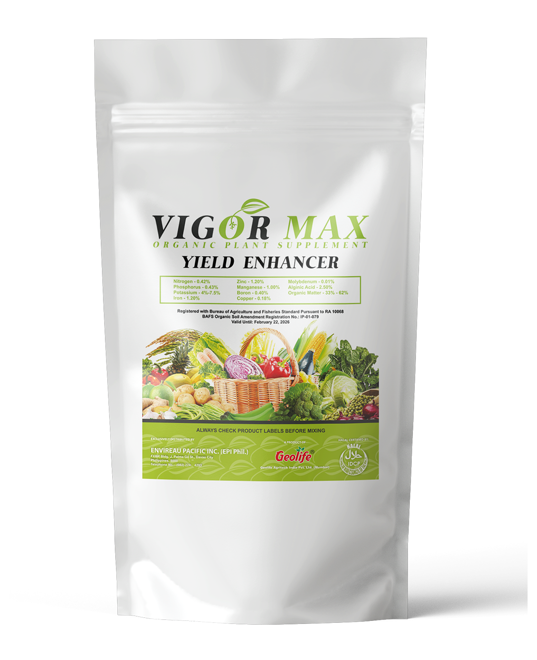 Vigor Max is an organic water-soluble fertilizer that contains Minerals, Vitamins, Enzymes, Antioxidants, and Nutrients produced through nanotechnology. Recondition your soil with Vigor Max's rich in organic matter to increase yield and plant's resistance to stress.